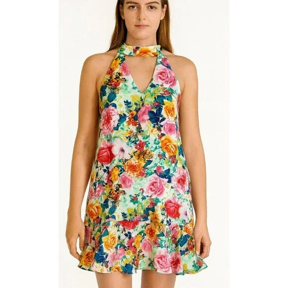Peach Love dress floral print halter neck short open V back & front SZ MD summer - Picture 1 of 9